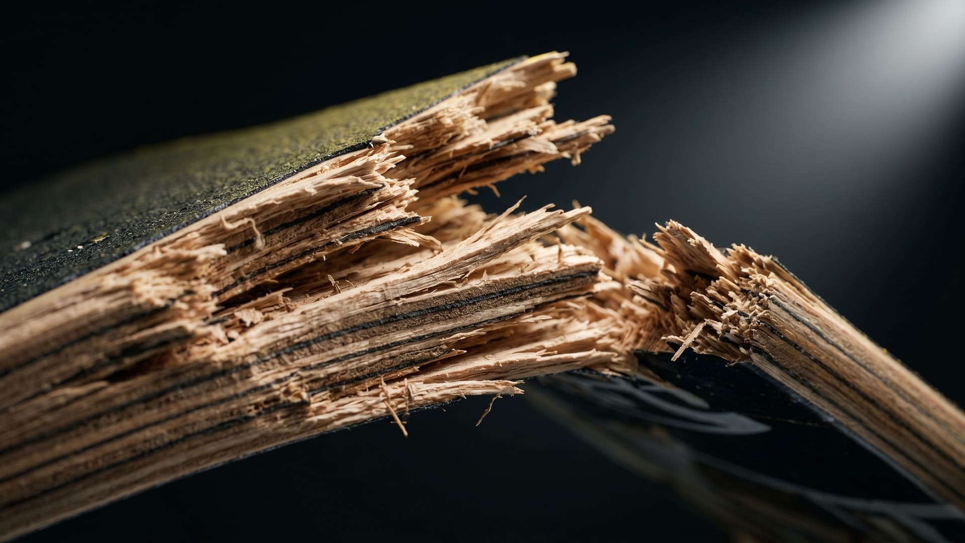 Broken 7-ply skateboard deck showing raw wood fibers